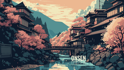 Japan Onsen Hot Spring. Suitable for Web Banner, poster and magazine. Japan tourism. Modern anime art style illustrations. Vector Illustration © IKANIMO