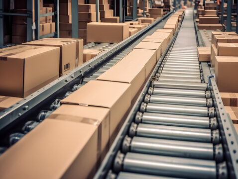 Multiple carton boxes being transported on conveyor belts in factory before delivering