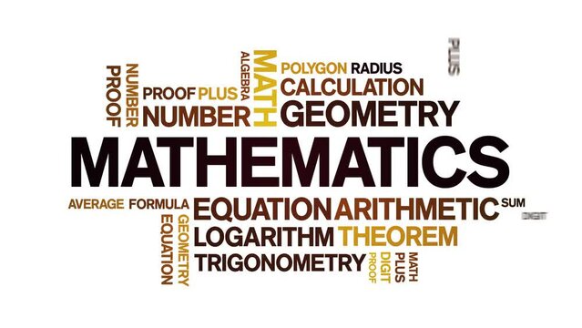 Mathematics animated tag word cloud;text design animation kinetic typography seamless loop.