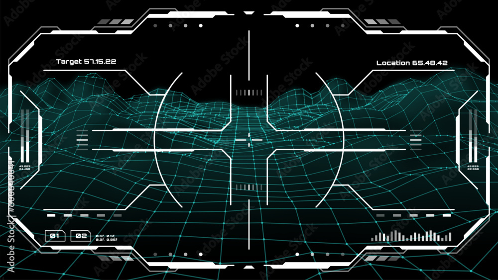 Poster HUD futuristic monitor screen interface, target aim control dashboard, vector crosshair display. HUD technology and space game UI virtual panel with shooting radar and target aim controls on screen