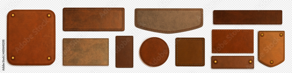Fototapete set of brown isolated realistic leather patch. label tag with seam template on transparent backgroun