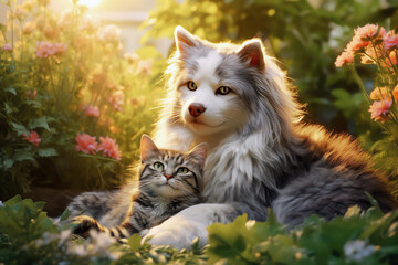 Adorable cat and dog in the garden, AI generative