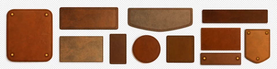 Deurstickers Set of brown isolated realistic leather patch. Label tag with seam template on transparent background. Vintage craft emblem design with string. Round and rectangle calfskin material sample, rivet © klyaksun