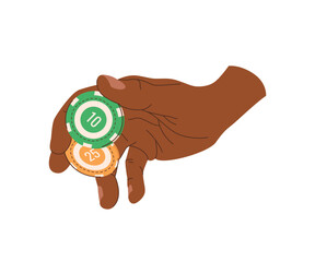 Playing chips in hands flat illustration. Trick with chips. Shuffle. Magician. Black-skinned professional player in casino. Vector illustration for gambling industry Cards, rules and web banners for