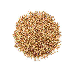 top view dry coriander seed spice isolated on white background. pile of dry coriander seed isolated. heap of coriander seed food isolated background. overhead flat lay