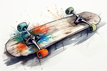  a drawing of a skateboard with wheels and paint splatters.  generative ai