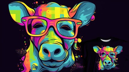  a t - shirt with a colorful cow wearing glasses on it.  generative ai