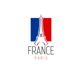 Paris eiffel tower icon. Vector famous landmark and national flag of France. Emblem for travel destination, tour and tourism entertainment with french architecture building. Isolated european monument