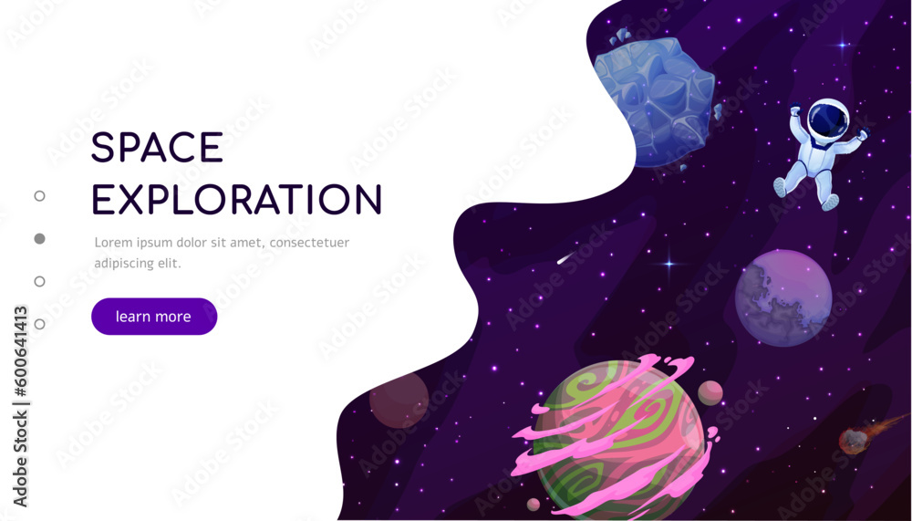 Aufkleber space landing page, cartoon astronaut in outer space with fantasy galaxy planets, fire asteroids and