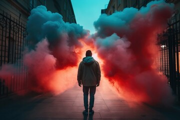  a man standing in a tunnel of smoke with his back to the camera.  generative ai