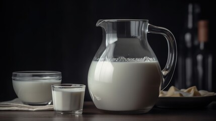 Obraz na płótnie Canvas a pitcher of milk and a glass of milk on a table. generative ai