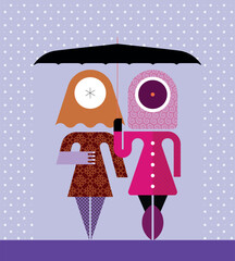 Two female friends are hiding from the rain under a large black umbrella. Geometric style vector illustration of couple of abstract faceless women.