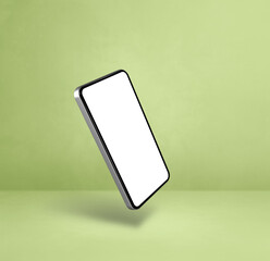 Floating smartphone isolated on green. Square background