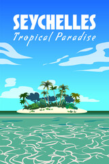 Travel poster Seychelles vintage. Paradise islandresort with coast white sand