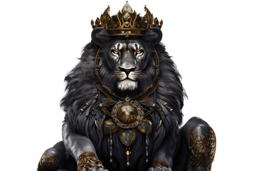 The Royal Black lion with luxury dress costume. Close up Portrait King lion with throne and crown isolated on white background. Generative AI.
