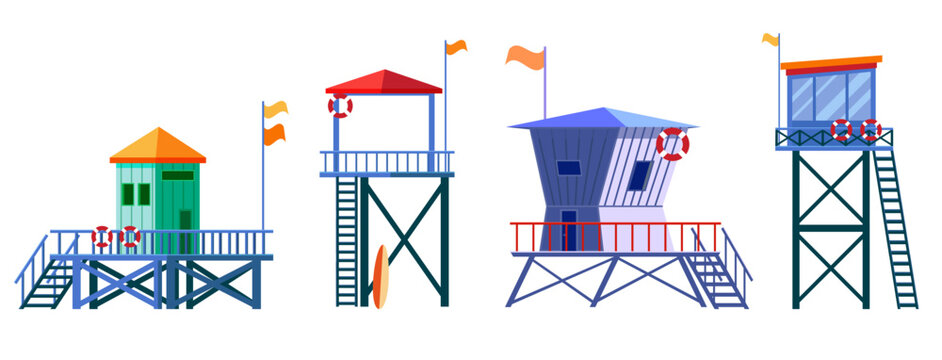 Set of Lifeguard Tower icons. Station beach building