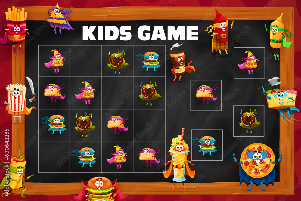 Poster sudoku kids game fast food characters. puzzle quiz vector worksheet with square block riddle and cut