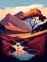 Minimal nature art, landscape with trees illustration