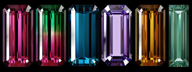 Various colorful gemstones isolated on black background. 3d rendering