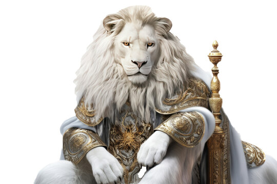 The Royal White lion with luxury dress costume. Close up Portrait King lion with throne and crown isolated on white background. Generative AI.