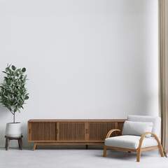 3D rendering minimal style living room with wooden floor ,white wall,big couch,big window,carpet,wooden cabinet wall for mockup and copy space...