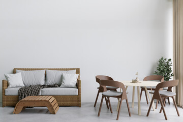 Dining room and kitchen copy space on white background wall for mockup and copy space