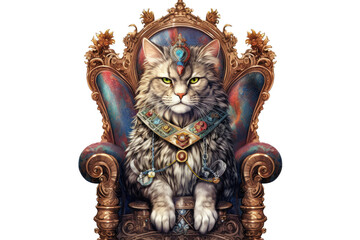 The Royal cat with luxury dress costume. Close up Portrait King cat with throne and crown isolated on white background. Generative AI.