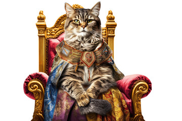 Fototapeta na wymiar The Royal cat with luxury dress costume. Close up Portrait King cat with throne and crown isolated on white background. Generative AI.
