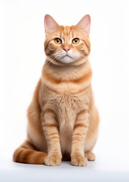 Cute golden orange tabby cat, sitting up facing front. Looking towards camera. Isolated on a white background.
