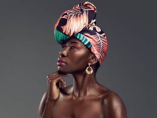 Beauty, makeup and profile of black woman with turban in studio with classy, elegant and...