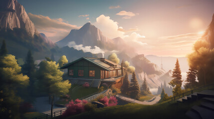 Obraz premium Chalet in mountains - Generated by Generative AI