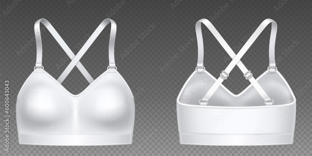 Wall mural Realistic set of white sports bra isolated on transparent background. Vector illustration of 3D womens underware collection for active lifestyle. Brassiere mockup front and back view. Female fashion