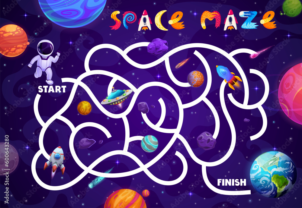Poster space labyrinth maze game. galaxy planets, asteroids and astronaut in outer space. children labyrint