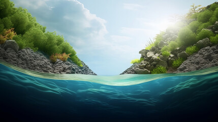 Naklejka na ściany i meble Split image above and below water surface, beautiful landscape