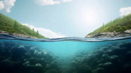 Split image above and below water surface, beautiful landscape - obrazy, fototapety, plakaty