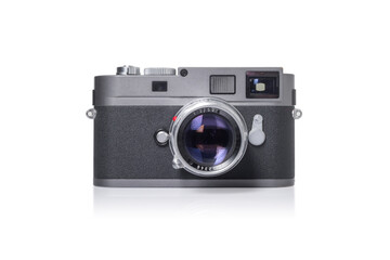 RANGEFINDER photo camera with lens in isolated on white background. vintage camera  technology and photography.