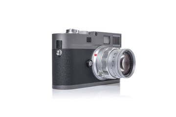  RANGEFINDER photo camera with lens isolated on white background. vintage camera  technology and photography.