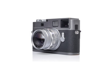 RANGEFINDER photo camera with lens isolated on white background. vintage camera  technology and photography.
