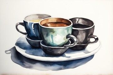  a painting of three cups of coffee on a saucer.  generative ai