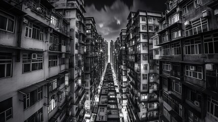  a black and white photo of a city with tall buildings.  generative ai