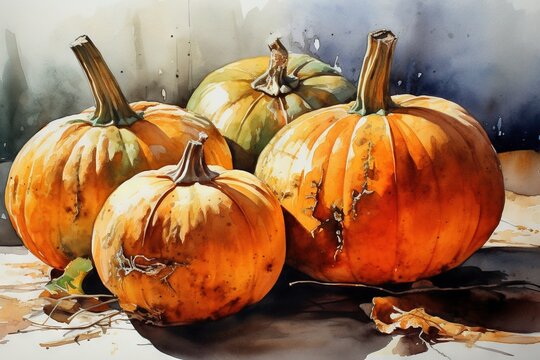  a painting of three pumpkins sitting on a table top.  generative ai
