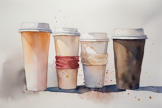  a painting of four coffee cups lined up in a row.  generative ai