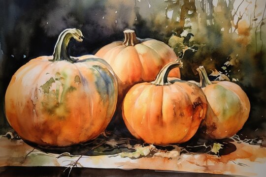 a painting of three pumpkins sitting on a table top.  generative ai