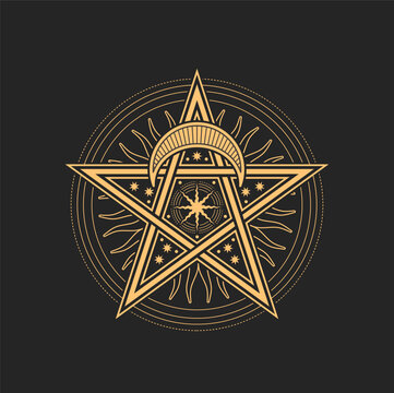 Esoteric and occult pentagram, mason or tarot symbols. Vector sign with star, crescent moon, Sun or stars. Astrological amulet, isolated tarot card spiritual magic talisman or wiccan emblem