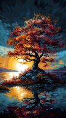 Obraz na płótnie Canvas a painting of a tree with a sunset in the background. generative ai