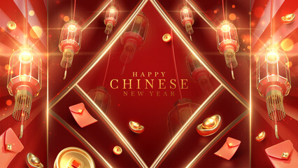 3d realistic chinese new year ornaments with light effect decorations and bokeh on red background. Vector illustration.