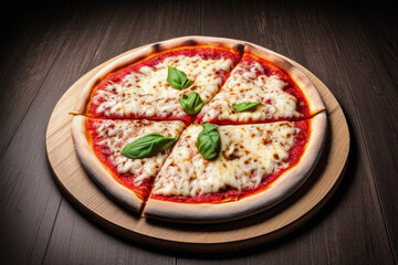 Pizza on a wooden table, generated by artificial intelligence