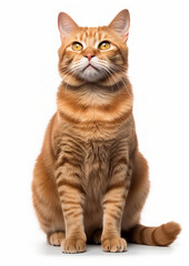 Orange ginger tabby cat looking up. Isolated on white background.