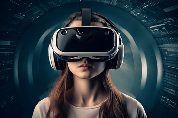 Girl wearing virtual reality headset | virtual reality | virtual world | metaverse  - obrazy, fototapety, plakaty
