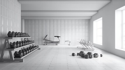  a black and white photo of a room with a row of shoes.  generative ai